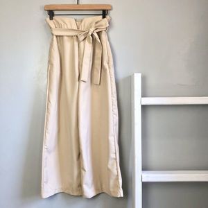 Zara Tan Ruched Wide Leg Crop Pants with Tie